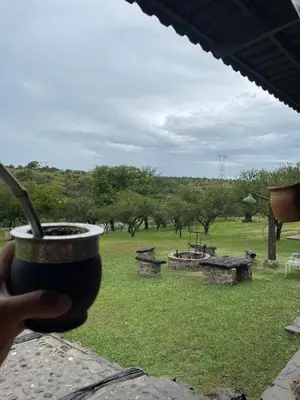a person holding a cup of coffee in a park at La Vision, Casa de campo in Villa Quillinzo