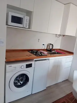 a kitchen with a washing machine and a microwave at Encantador departamento en Nueva Córdoba in La Porteña