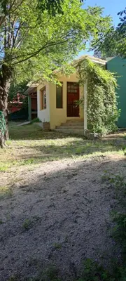 a small yellow house with a door and a tree at Buena tierra in Arroyo de Los Patos
