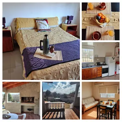 a collage of pictures of a bedroom with a bed at La casita de Otto in Santa María