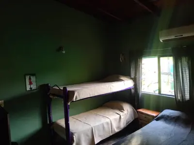 two bunk beds in a green room with a window at Dptos victoria in Mina Clavero