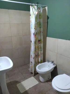 a bathroom with a toilet and a sink and a shower curtain at Dptos victoria in Mina Clavero