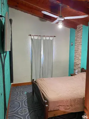 a bedroom with a bed and a ceiling fan at Departamento El Delfín in Tanti