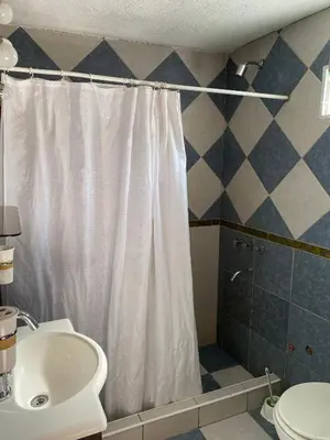 a bathroom with a shower curtain and a sink at Departamento El Delfín in Tanti