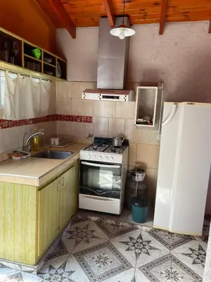 a kitchen with a stove and a sink and a refrigerator at Departamento El Delfín in Tanti