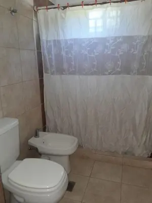 a bathroom with a toilet and a shower curtain at Mi mirador in Bialet Massé