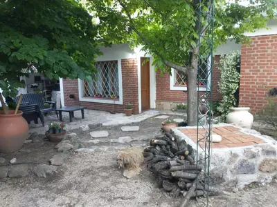 a dog standing next to a pile of logs in a yard at Descanso en Tanti - Turismo y Bienestar in Tanti