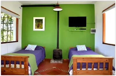a green room with two beds and a flat screen tv at Complejo Costa Garay in Potrero de Garay