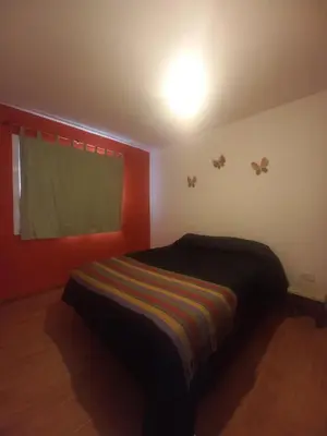 a bedroom with a bed and a window with butterflies on the wall at Tantanakuy 4 in Villa General Belgrano