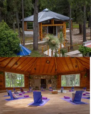 a room with purple chairs and a fireplace and a building at Paraiso en el Manantial in Villa General Belgrano