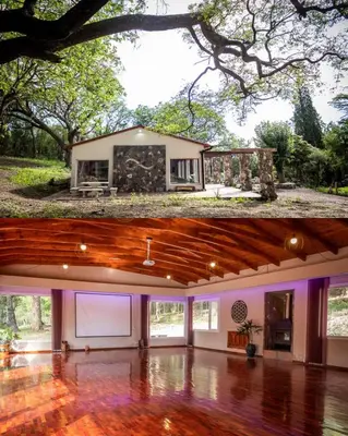two pictures of a house with a dance floor at Paraiso en el Manantial in Villa General Belgrano