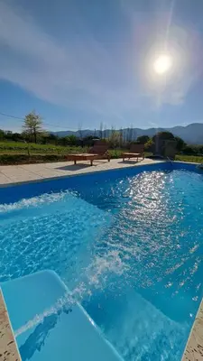 a blue swimming pool with benches in the background at Mutterstern Chalet Boutique in Villa General Belgrano