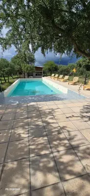 a large swimming pool with chairs and a tree overhead at Ilusión tunkelen in Merlo