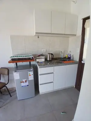 a small kitchen with a sink and a refrigerator at Apart La Jose in Río Cuarto