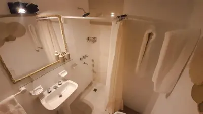 a bathroom with a sink and a toilet and a shower at Kalimera Loft con patio, único en Córdoba Capital in Cordoba