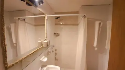 a bathroom with a shower and a toilet and a mirror at Kalimera Loft con patio, único en Córdoba Capital in Cordoba