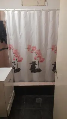 a bathroom with a shower curtain with flowers on it at Habitacion en Casa de Olga in Alta Gracia