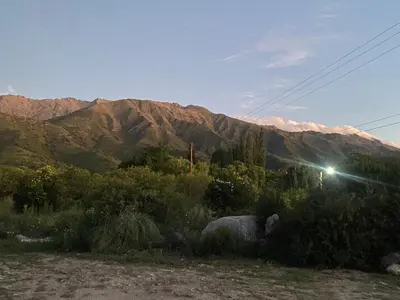 a sheep laying in the grass in front of a mountain at Casona de Montaña in Los Hornillos