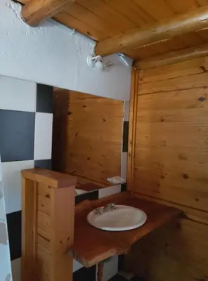 a bathroom with a sink and a wooden wall at CABAÑAS L y L in Villa Santa Cruz del Lago