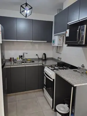 a kitchen with black cabinets and a stove top oven at Romina Cañada in Cordoba