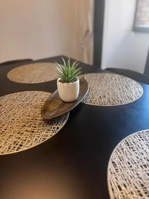 a table with three plates with a potted plant on them at Departamento Artigas in Cordoba