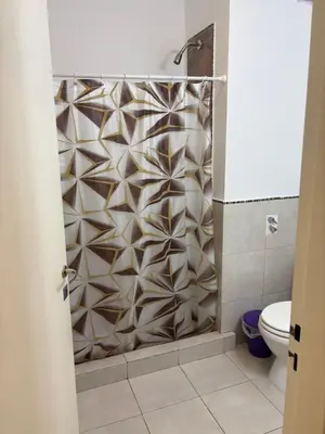 a shower curtain in a bathroom with a toilet at Amelia 2-1 in Villa Carlos Paz