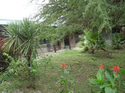 a garden with a palm tree and red flowers at Casa de Campo con Pileta - Estancia La Amistad in Villa Santa Cruz del Lago