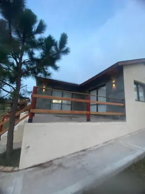 a house with a tree in front of it at L&M Cabañas Villa Yacanto in Villa Yacanto