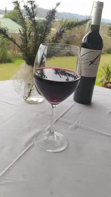 a glass of wine sitting on a table with a bottle of wine at Ohana in Potrero de Garay