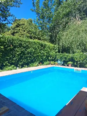 a large blue swimming pool with trees in the background at casitadearminda-II in Villa de Las Rosas