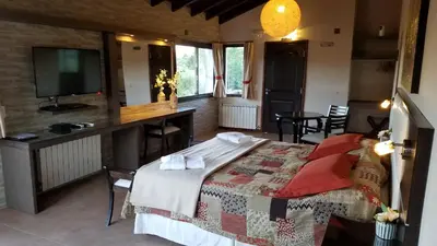 a bedroom with a bed and a television in a room at Aires Serranos - Suites in La Cumbrecita