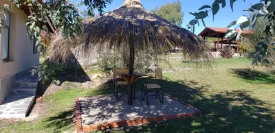 a table and chair under a straw umbrella in a yard at Aires Serranos - Suites in La Cumbrecita