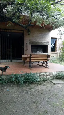 a dog standing next to a bench in front of a house at Cabañas El Molinillo in Nono