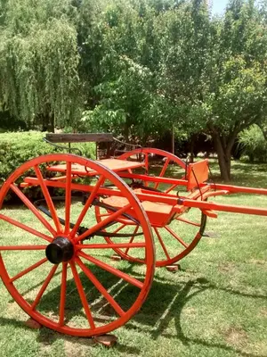 a red wagon sitting on the grass in a park at Complejo Viejo Sulky in Mina Clavero