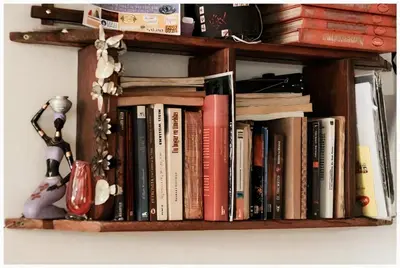 a book shelf filled with books on a wall at El Camino Hostel in Mina Clavero