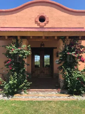 a front door of a house with two flowers at Posada & Bodega La Matilde in San Javier