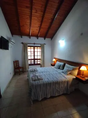 a bedroom with a large bed with a wooden ceiling at Hostería Tejas Negras in Mina Clavero