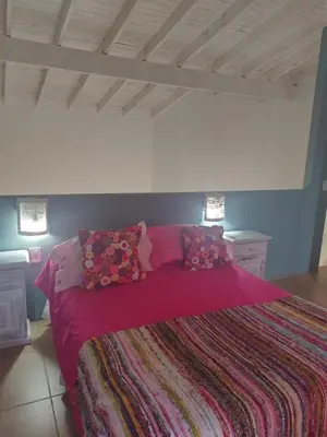 a bedroom with a large bed with a pink blanket at Aires de Ambar in Merlo