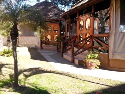 a palm tree in front of a house with a gate at Hotel Mónaco in Villa Carlos Paz