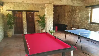 a ping pong table in a room with a ping pong ball at La Maína Cabañas in San Javier