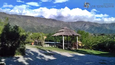a gazebo with a view of a mountain at Los Remolinos in Merlo