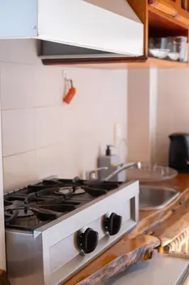 a stove top oven in a kitchen with a sink at El Chañar in Villa General Belgrano