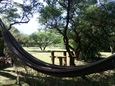 a hammock in a park with a picnic table at Cabañas Entre Verde in Los Hornillos