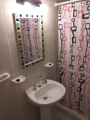 a bathroom with a sink and a shower curtain at Abuela Mari Apart Cabaña in Villa Cura Brochero