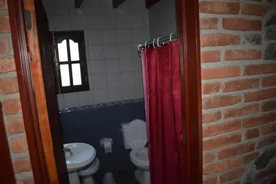 a bathroom with a toilet and a red shower curtain at Cabañas La Rosada in Santa Rosa de Calamuchita