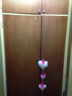 a wooden door with two pink flowers in front of it at Departamento en Nueva Cordoba in Cordoba