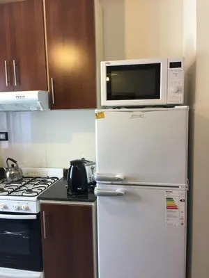 a microwave on top of a refrigerator in a kitchen at Aires de la Villa in Villa Carlos Paz
