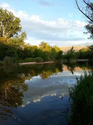 a river with the reflection of trees in the water at Pasos Cortos Cabañas Nono in Nono