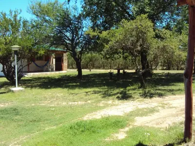 a field of grass with trees and a house at Pasos Cortos Cabañas Nono in Nono