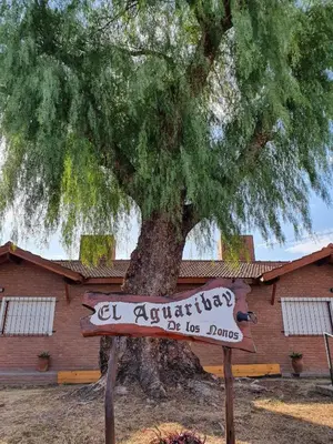 a sign sitting in front of a tree at El Aguaribay de los Nonos in Mina Clavero